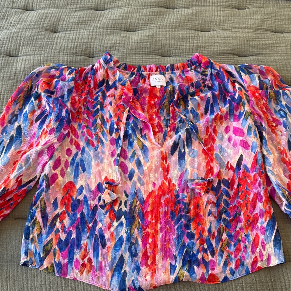 Misa Los Angeles Multicolor Ruffle-Tie Paintstroke Blouse